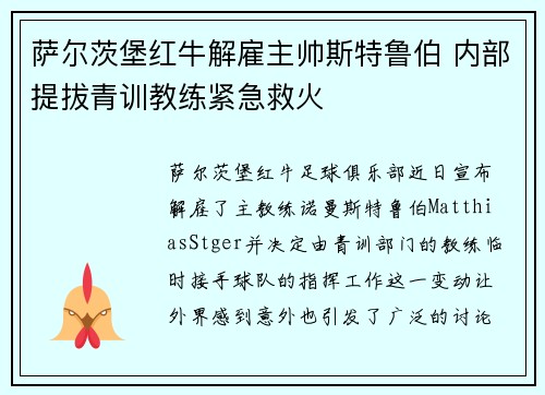 萨尔茨堡红牛解雇主帅斯特鲁伯 内部提拔青训教练紧急救火 萨尔茨堡红牛解雇主帅斯特鲁伯 内部提拔青训教练紧急救火
